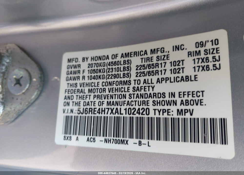2010 HONDA CR-V EX-L VIN: 5J6RE4H7XAL102420