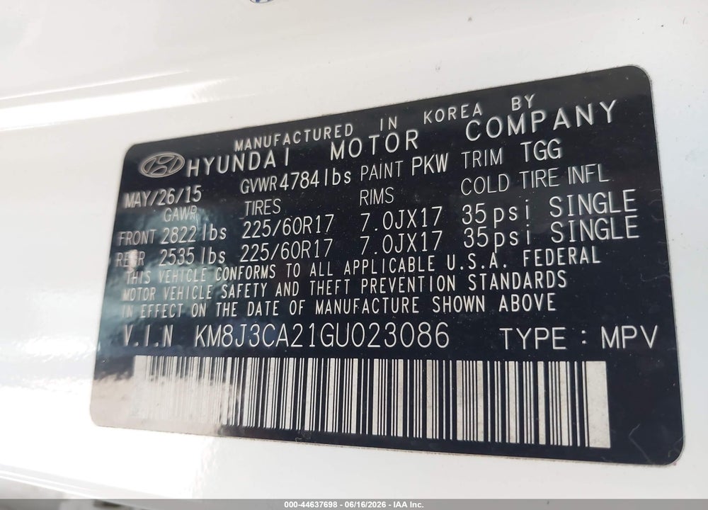 2016 HYUNDAI TUCSON ECO VIN: KM8J3CA21GU023086
