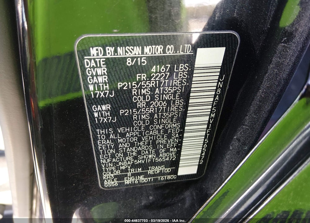 2015 NISSAN JUKE SV VIN: JN8AF5MV1FT565472