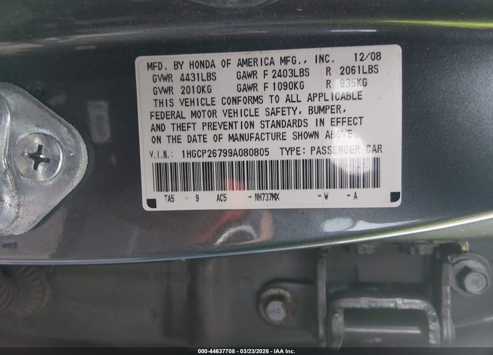 2009 HONDA ACCORD 2.4 EX VIN: 1HGCP26799A080805