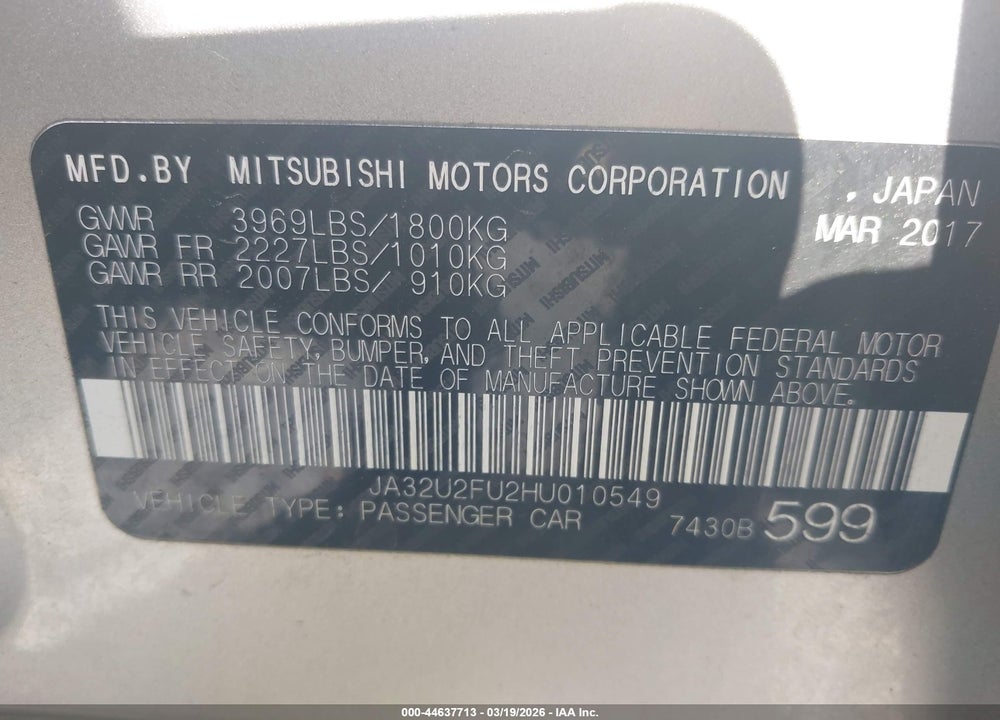 2017 MITSUBISHI LANCER LE VIN: JA32U2FU2HU010549