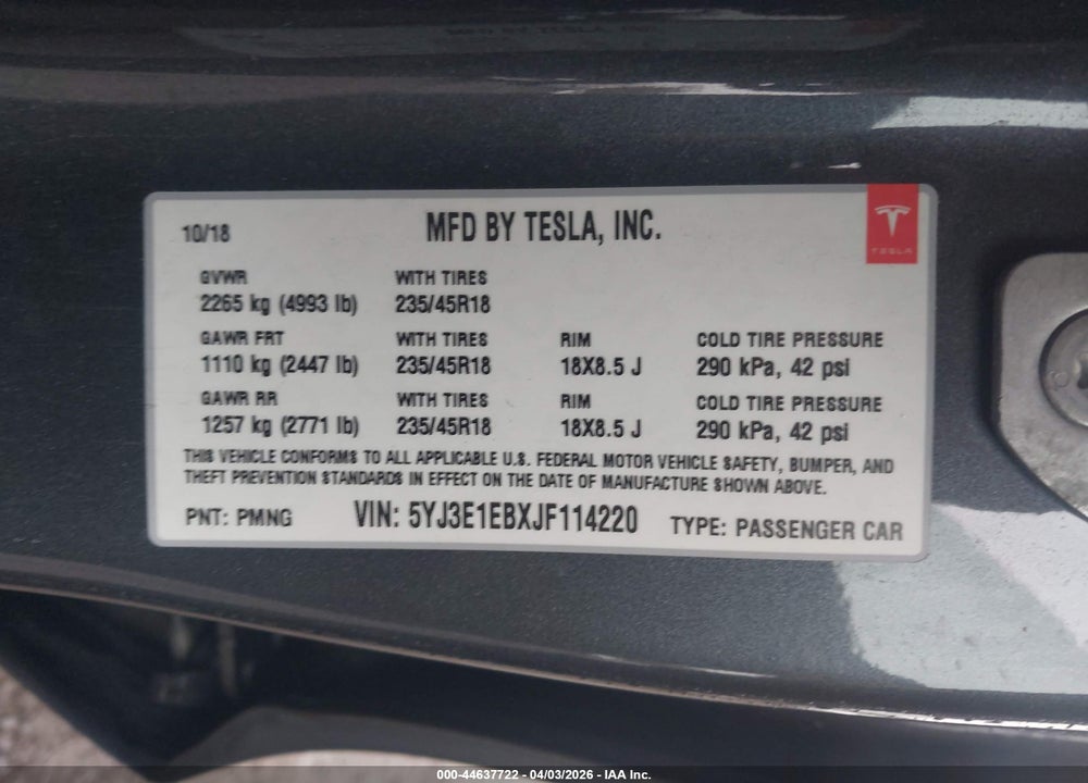 2018 TESLA MODEL 3 LONG RANGE/PERFORMANCE VIN: 5YJ3E1EBXJF114220