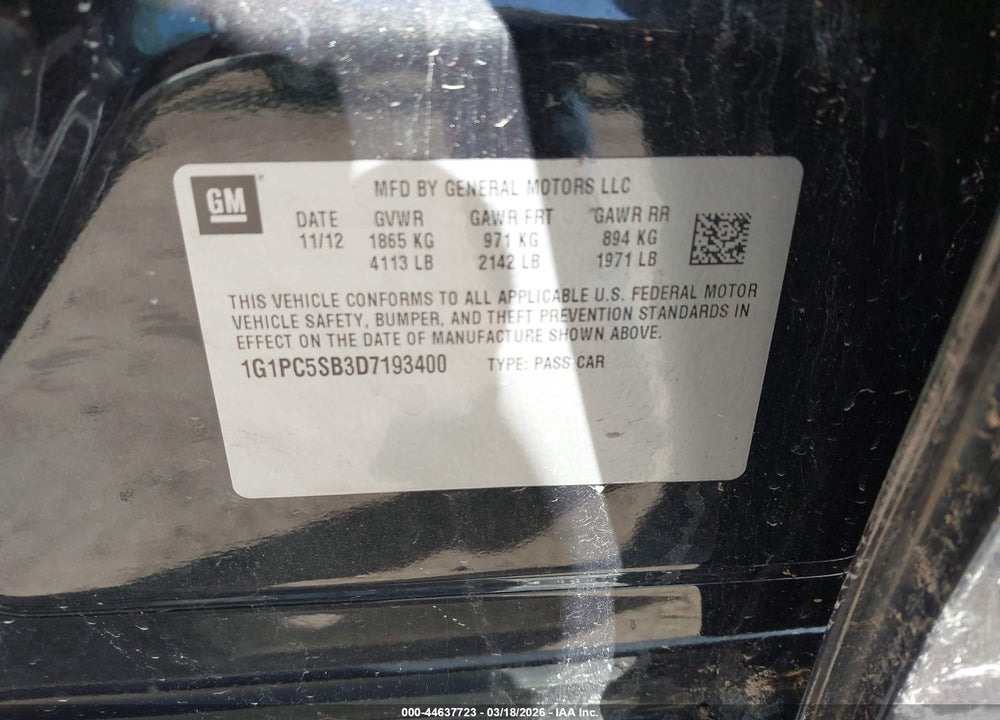 2013 CHEVROLET CRUZE 1LT AUTO VIN: 1G1PC5SB3D7193400