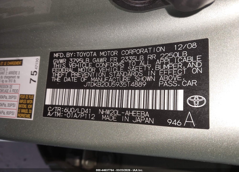 2009 TOYOTA PRIUS VIN: JTDKB20U593514889