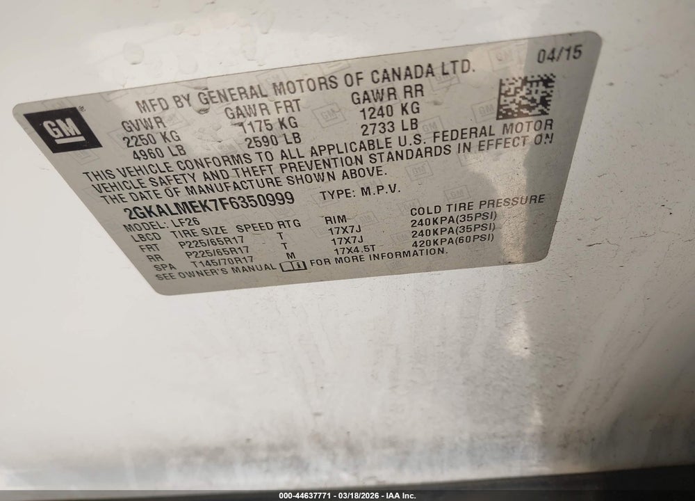 2015 GMC TERRAIN SLE-1 VIN: 2GKALMEK7F6350999