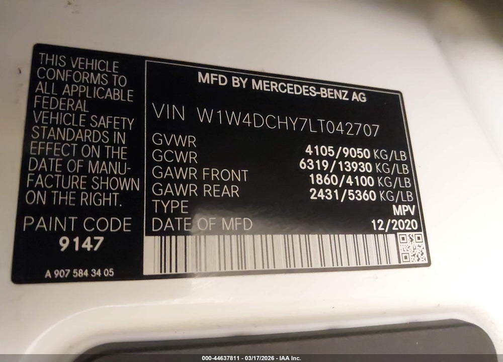 2020 MERCEDES-BENZ SPRINTER 2500 HIGH ROOF I4 DIESEL VIN: W1W4DCHY7LT042707