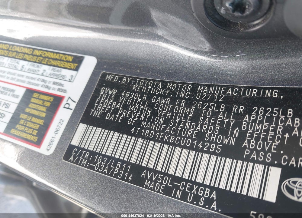 2012 TOYOTA CAMRY HYBRID XLE VIN: 4T1BD1FK8CU014295
