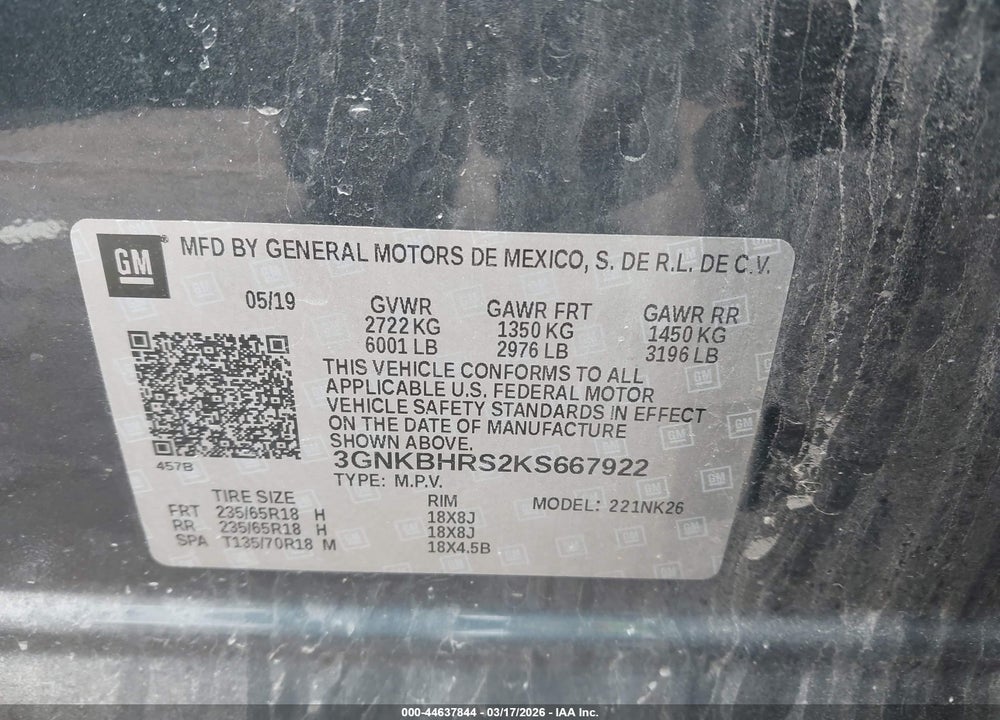2019 CHEVROLET BLAZER VIN: 3GNKBHRS2KS667922