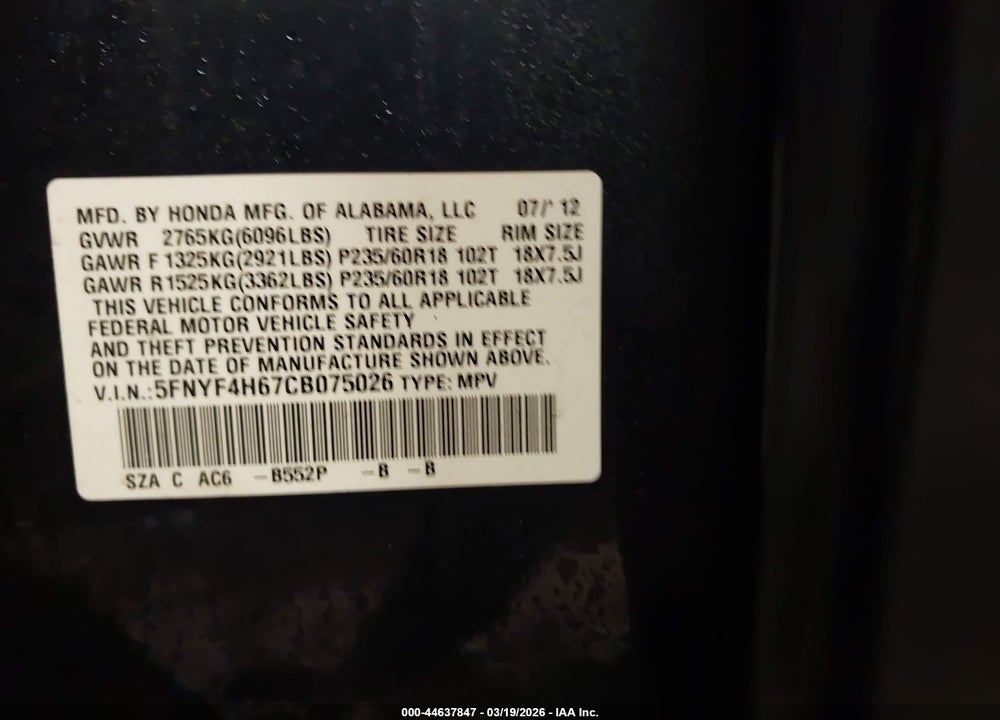 2012 HONDA PILOT EX-L VIN: 5FNYF4H67CB075026