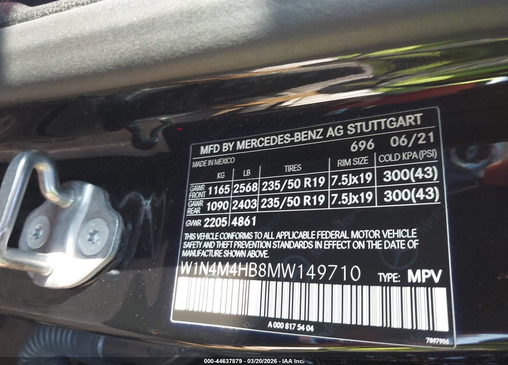 2021 MERCEDES-BENZ GLB 250 4MATIC VIN: W1N4M4HB8MW149710