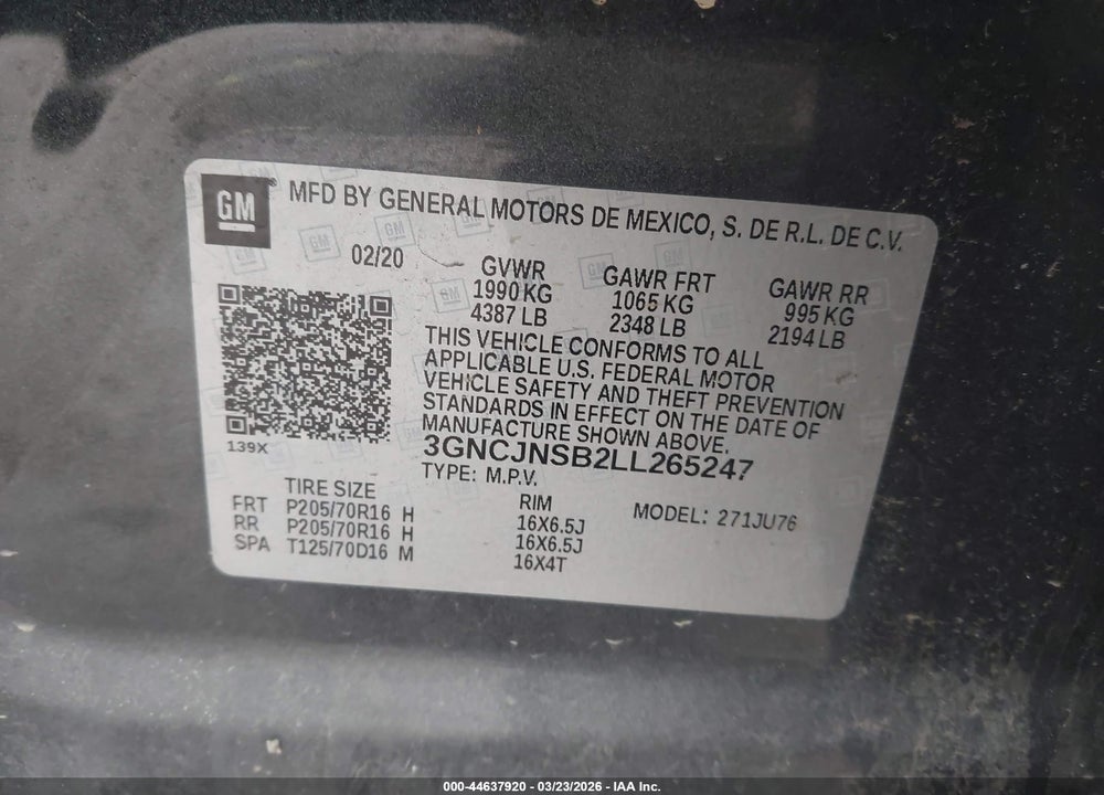 2020 CHEVROLET TRAX AWD LS VIN: 3GNCJNSB2LL265247