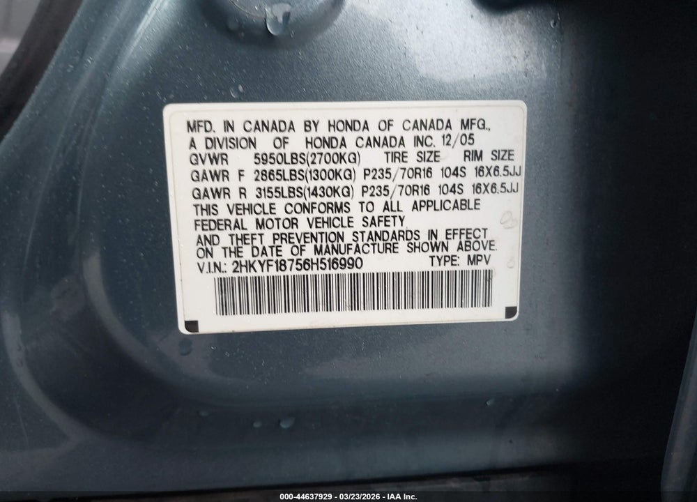 2006 HONDA PILOT EX-L VIN: 2HKYF18756H516990