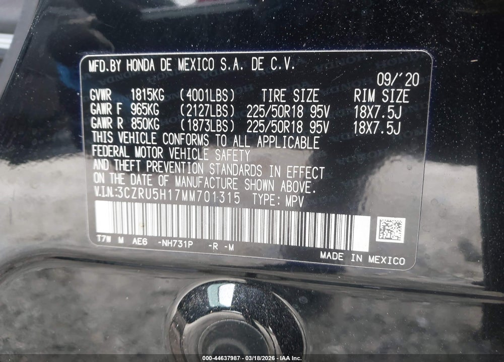 2021 HONDA HR-V 2WD SPORT VIN: 3CZRU5H17MM701315