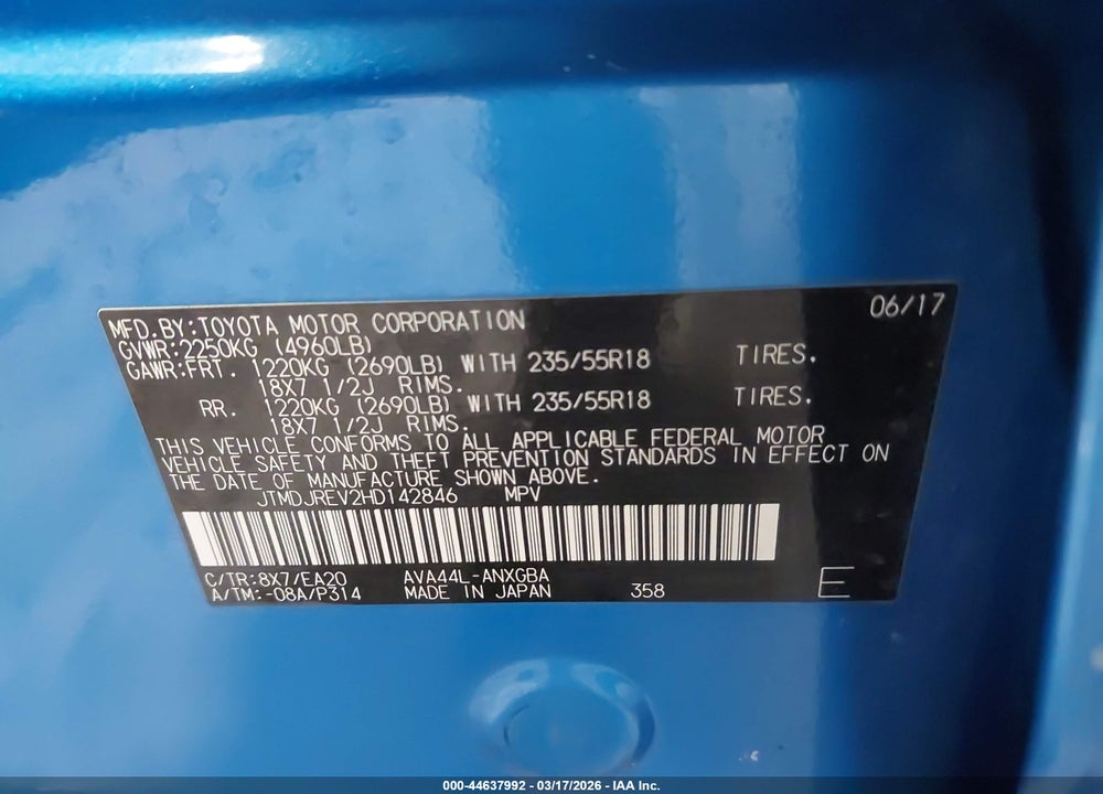 2017 TOYOTA RAV4 HYBRID LIMITED VIN: JTMDJREV2HD142846