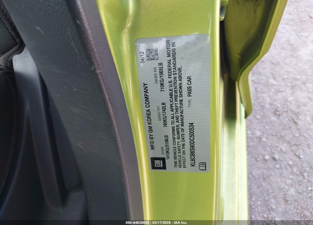 2013 CHEVROLET SPARK LS AUTO VIN: KL8CB6S90DC500534