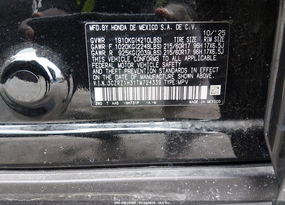 2026 HONDA HR-V 2WD LX VIN: 3CZRZ1H31TM724339