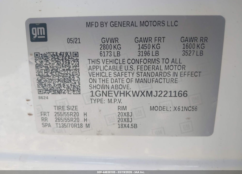 2021 CHEVROLET TRAVERSE AWD LT LEATHER VIN: 1GNEVHKWXMJ221166