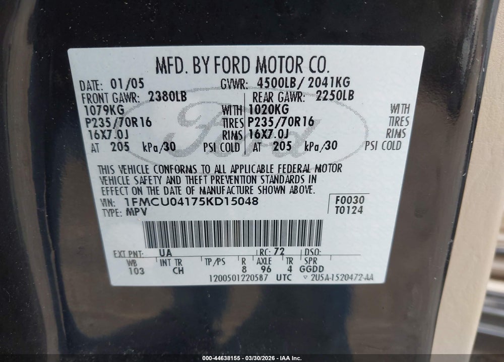 2005 FORD ESCAPE LIMITED VIN: 1FMCU04175KD15048