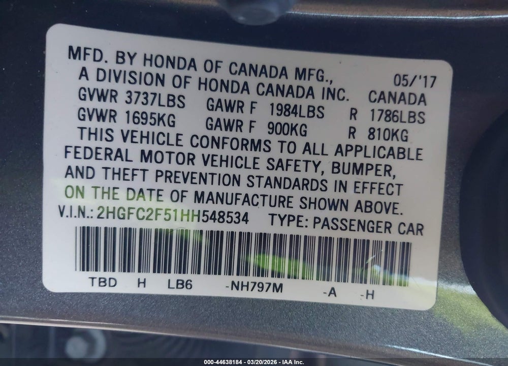 2017 HONDA CIVIC LX VIN: 2HGFC2F51HH548534