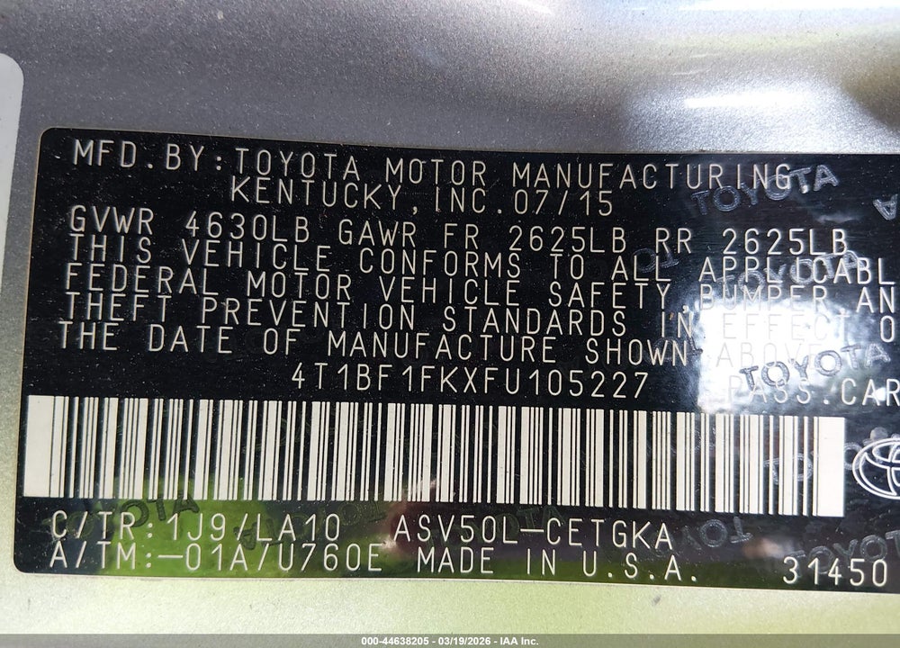 2015 TOYOTA CAMRY XLE VIN: 4T1BF1FKXFU105227