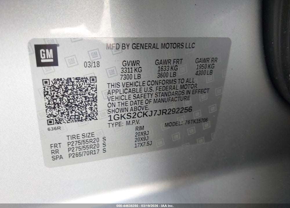 2018 GMC YUKON DENALI VIN: 1GKS2CKJ7JR292256