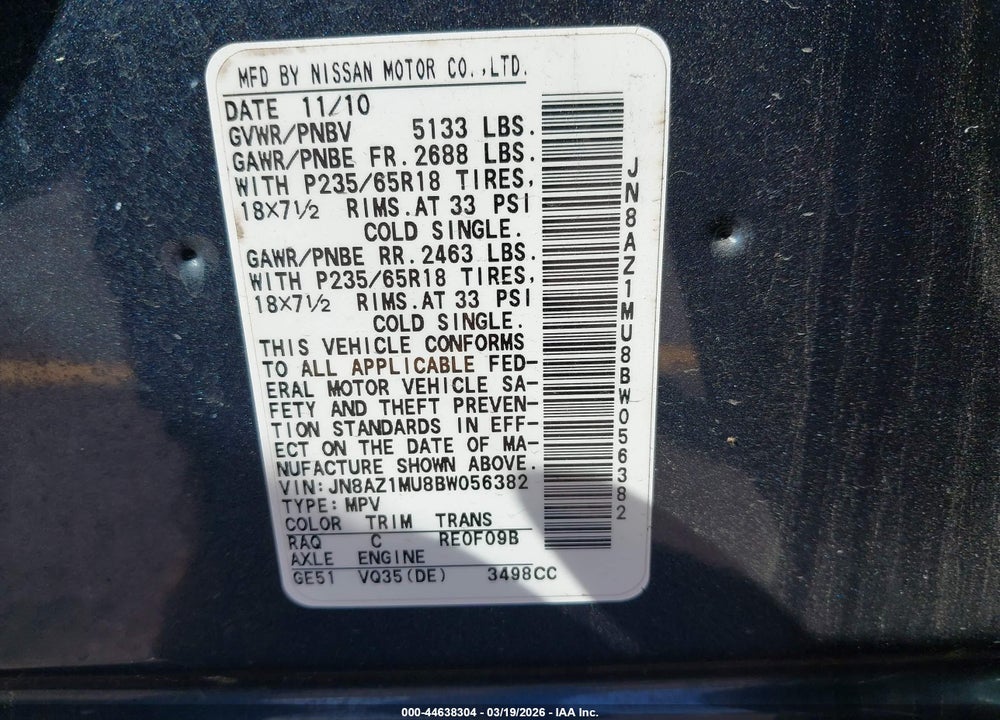 2011 NISSAN MURANO SL VIN: JN8AZ1MU8BW056382