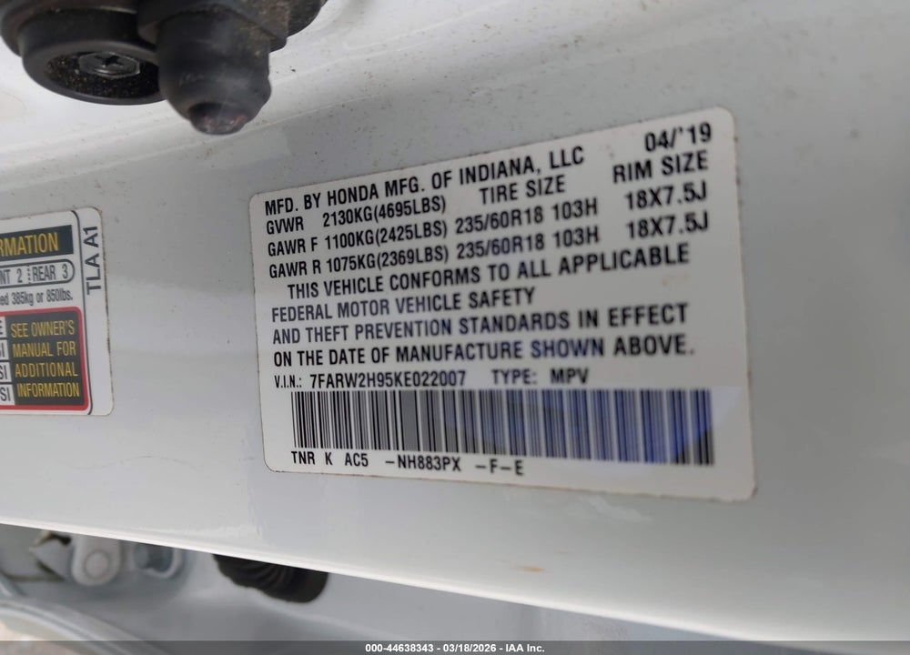 2019 HONDA CR-V TOURING VIN: 7FARW2H95KE022007