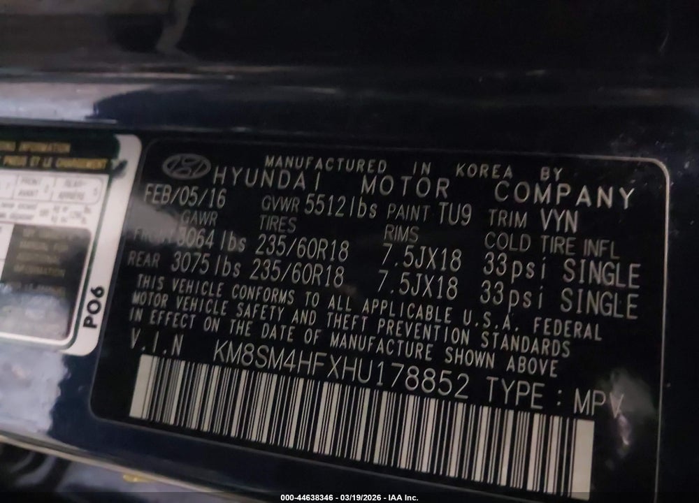 2017 HYUNDAI SANTA FE SE VIN: KM8SM4HFXHU178852