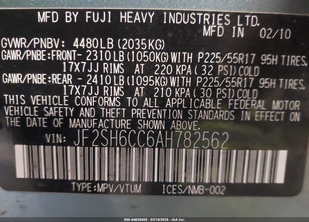 2010 SUBARU FORESTER 2.5X PREMIUM VIN: JF2SH6CC6AH782562