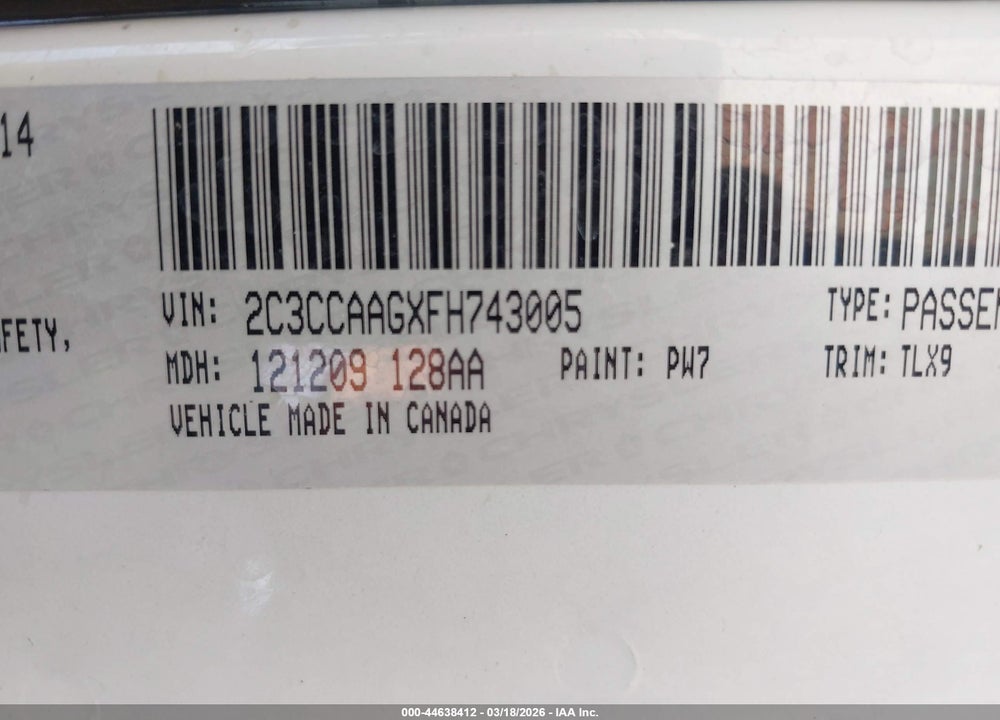 2015 CHRYSLER 300 LIMITED VIN: 2C3CCAAGXFH743005