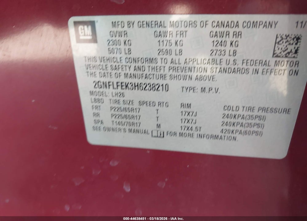 2017 CHEVROLET EQUINOX LT VIN: 2GNFLFEK3H6238210
