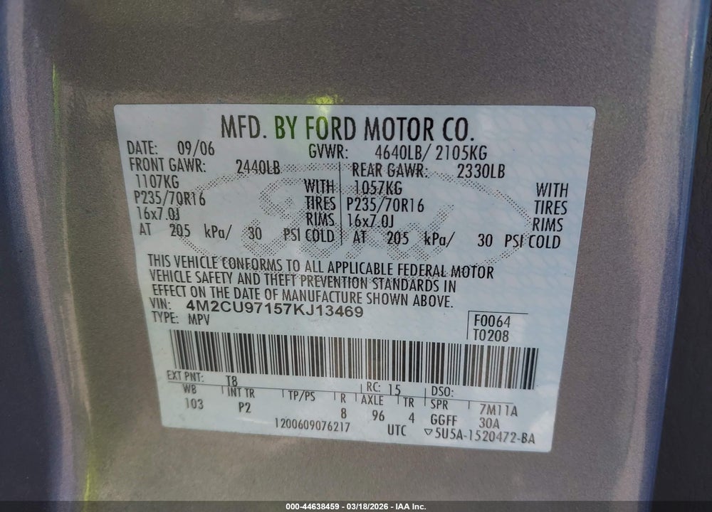 2007 MERCURY MARINER PREMIER VIN: 4M2CU97157KJ13469
