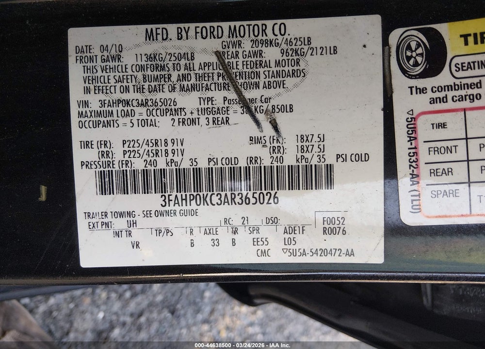 2010 FORD FUSION SPORT VIN: 3FAHP0KC3AR365026