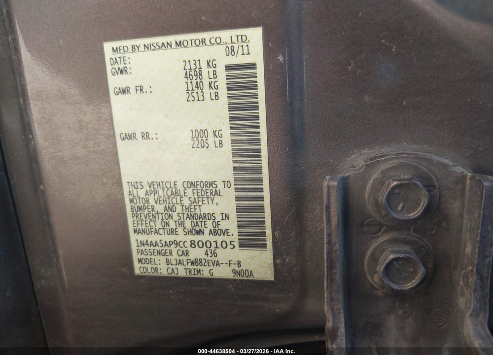 2012 NISSAN MAXIMA 3.5 SV VIN: 1N4AA5AP9CC800105