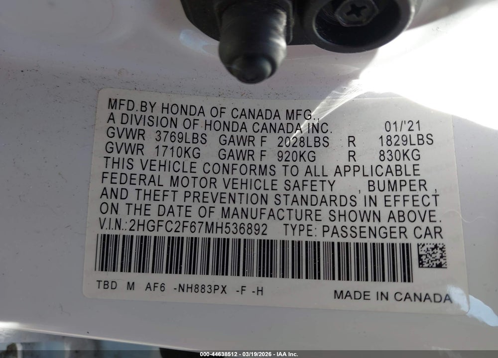 2021 HONDA CIVIC LX VIN: 2HGFC2F67MH536892
