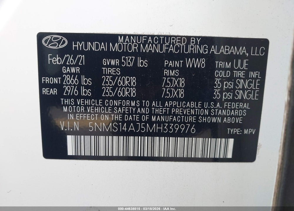2021 HYUNDAI SANTA FE SE VIN: 5NMS14AJ5MH339976