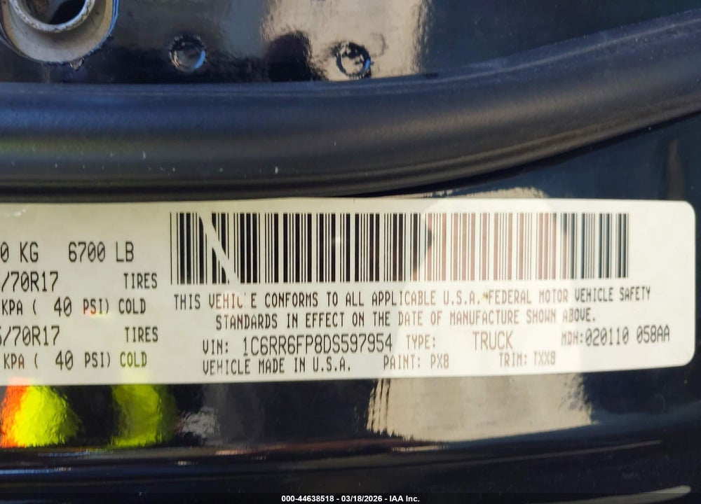 2013 RAM 1500 TRADESMAN VIN: 1C6RR6FP8DS597954