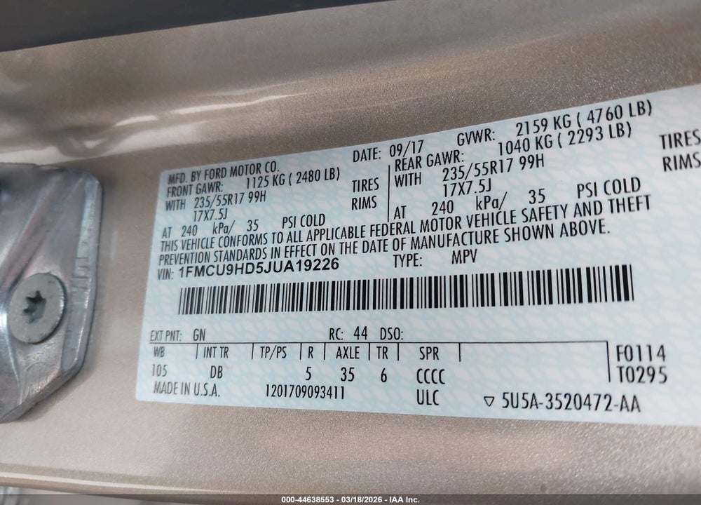 2018 FORD ESCAPE SEL VIN: 1FMCU9HD5JUA19226