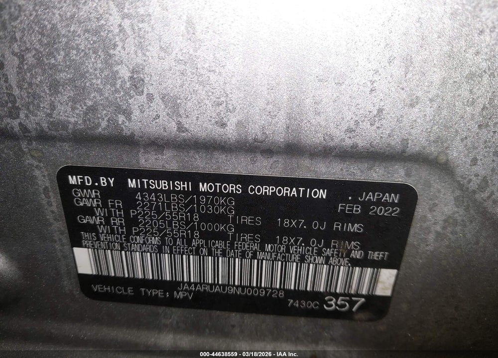 2022 MITSUBISHI OUTLANDER SPORT 2.0 SE AWC VIN: JA4ARUAU9NU009728