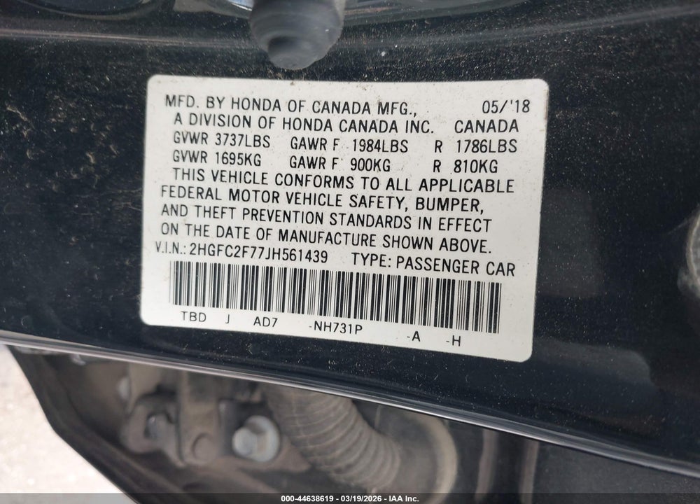 2018 HONDA CIVIC EX VIN: 2HGFC2F77JH561439