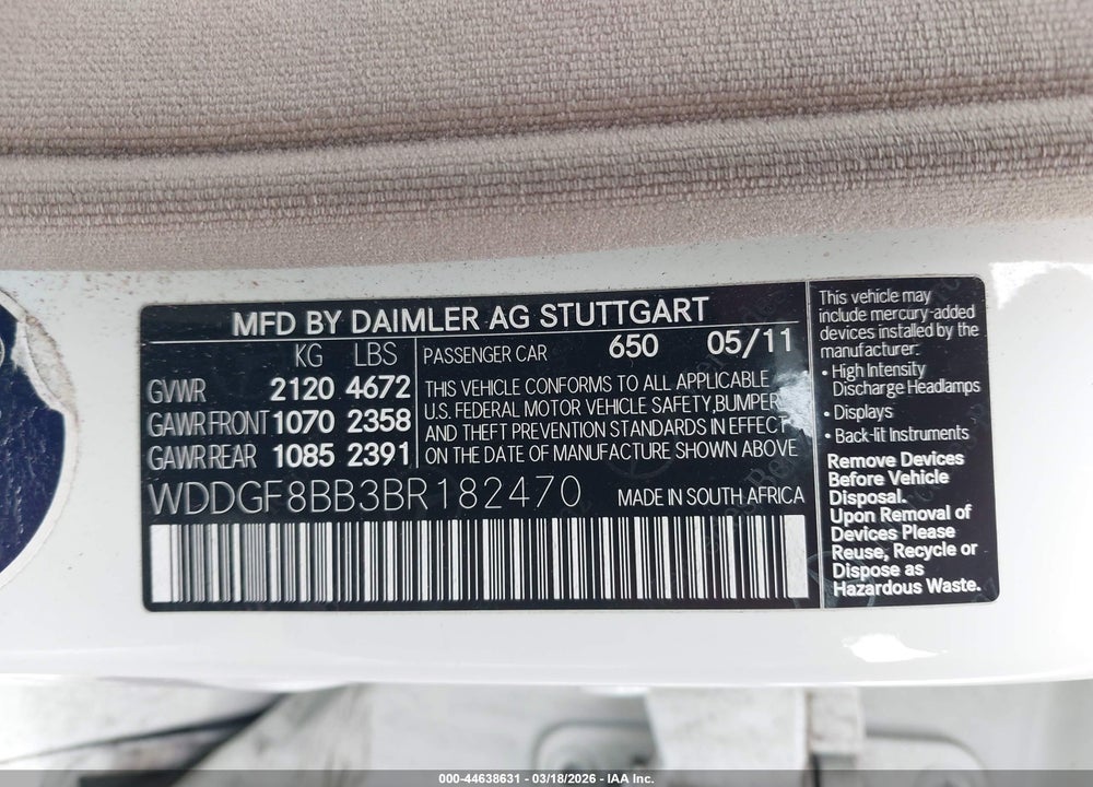 2011 MERCEDES-BENZ C 300 SPORT 4MATIC VIN: WDDGF8BB3BR182470