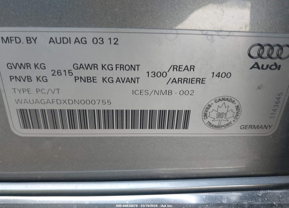 2013 AUDI A8 3.0T VIN: WAUAGAFDXDN000755