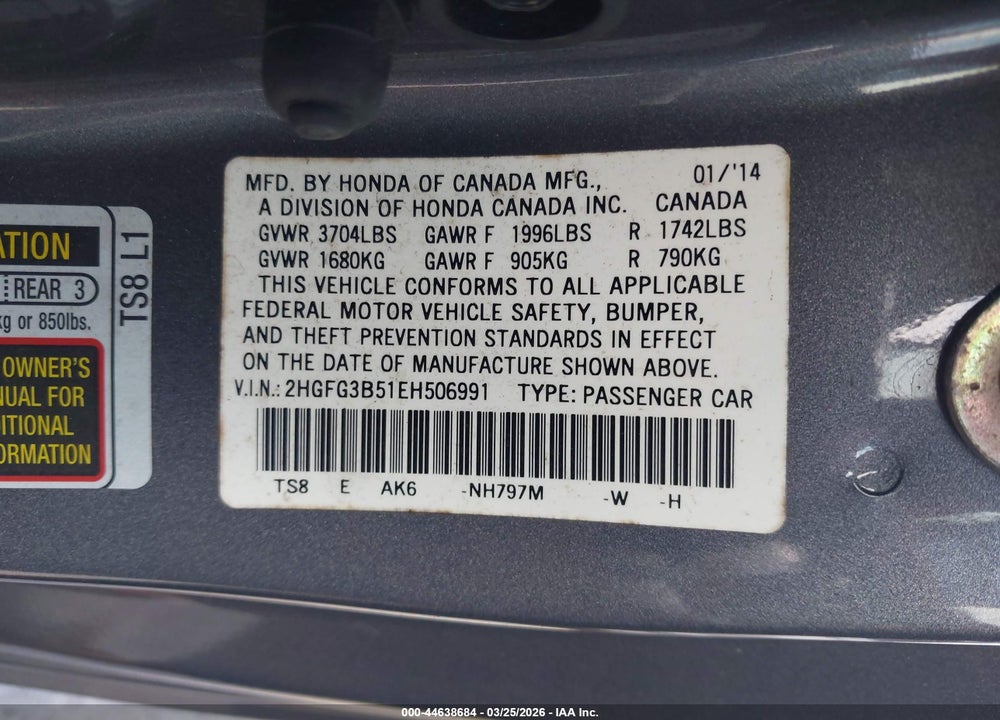 2014 HONDA CIVIC LX VIN: 2HGFG3B51EH506991