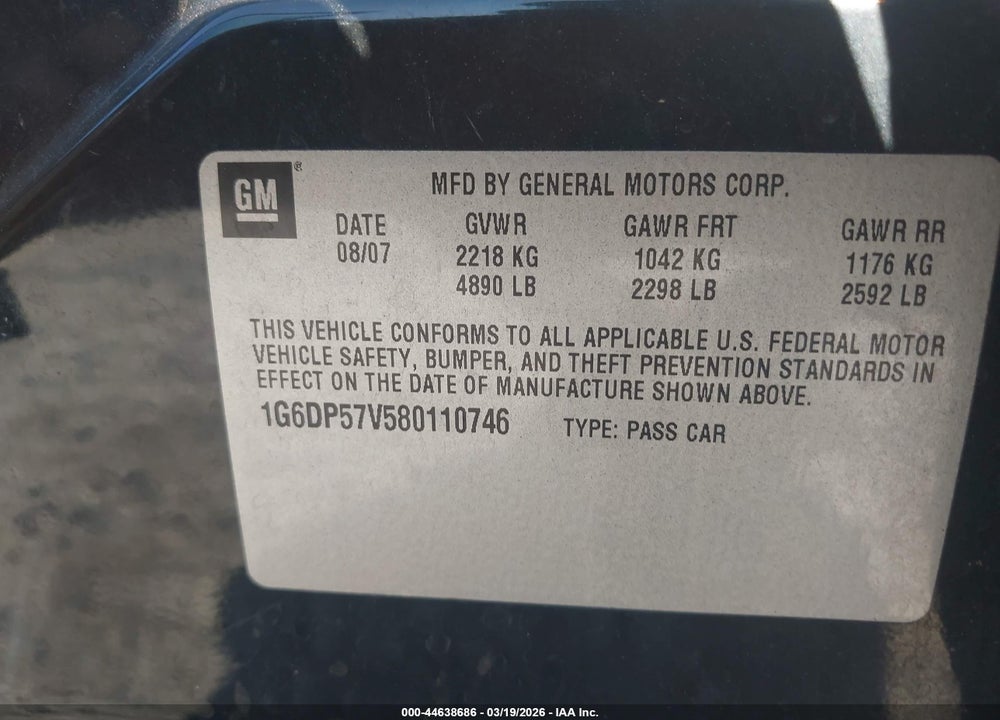 2008 CADILLAC CTS STANDARD VIN: 1G6DP57V580110746
