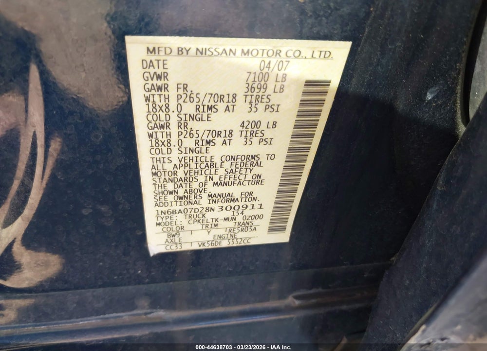 2008 NISSAN TITAN SE VIN: 1N6BA07D28N300911