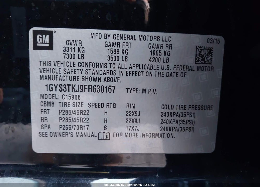 2015 CADILLAC ESCALADE ESV PREMIUM VIN: 1GYS3TKJ9FR630167