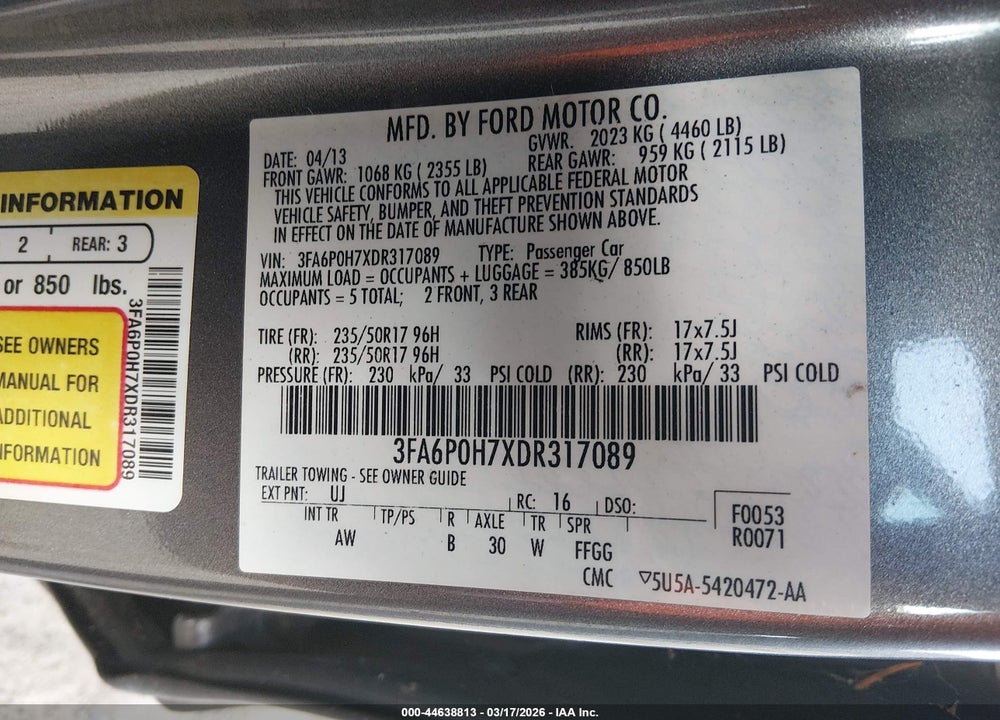 2013 FORD FUSION SE VIN: 3FA6P0H7XDR317089