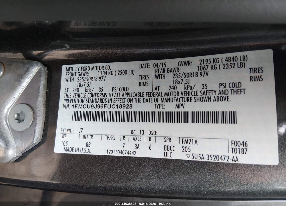 2015 FORD ESCAPE TITANIUM VIN: 1FMCU9J96FUC18928