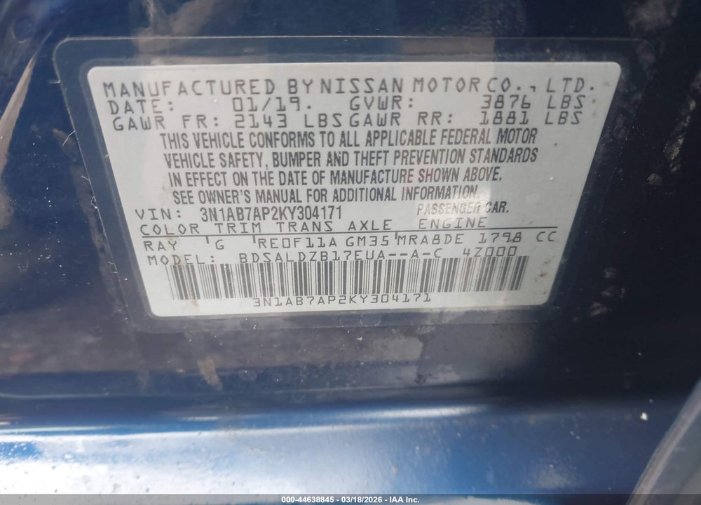 2019 NISSAN SENTRA SV VIN: 3N1AB7AP2KY304171