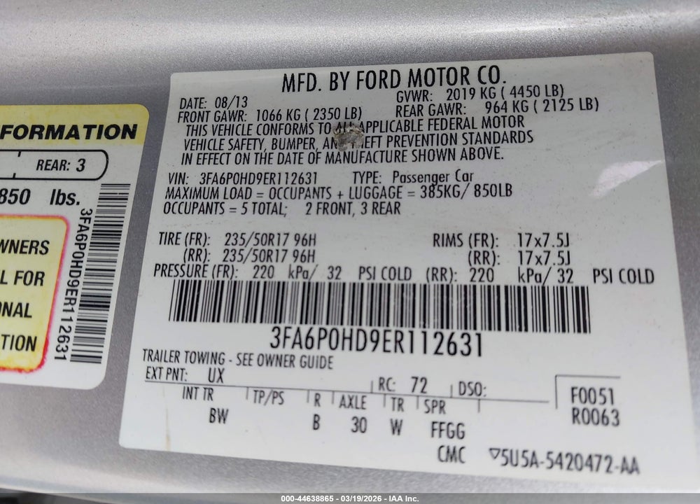 2014 FORD FUSION SE VIN: 3FA6P0HD9ER112631